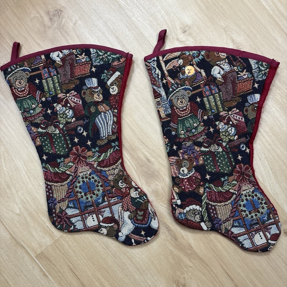 (2) Teddy Bear Tapestry Christmas Stocking Holiday 90s Gift Motif